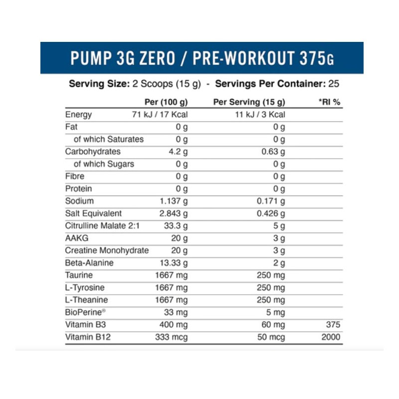 Applied Nutrition Pump 3G Zero stimulant Pre Workout 375 g be kofeino